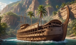 A really beautiful scene, a masterpiece, excellent quality 8k, the center of the image is the great Noah's Ark being built between the slopes of the mountains, and next to the ship is an old and strong carpenter, a man with a white beard and long white hair, and many palm trees next to the ship. The scene is very beautiful, the scene tells about the construction of a strong old man and the carpentry of a large wooden ark of the Prophet Noah.