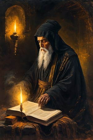 An old wise man and Islamic scholar with an Avicenna-like appearance sits alone, shrouded in darkness, his hood up and a mysterious white cloak draped around him. He holds an open book, the yellow pages illuminated by the soft glow of candles on a nearby stand. Flickering flames dance across his pale face, casting eerie shadows as he carefully reads an ancient tome. A skull rests on a plinth nearby, its vacant gaze seeming to watch over the quiet devotion of the wise old scholar.