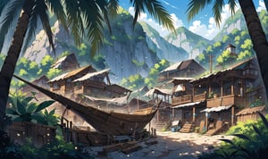 A really beautiful scene, a masterpiece, excellent quality, 8k, the center of the image is a large wooden ship being built between the slopes of the mountain and next to the ship is an old and strong man doing carpentry, a man with a white beard and long white hair, and many palm trees next to the ship. The scene is very beautiful, the scene tells of a strong old man building and carpentry of a large wooden ship