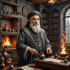 Realistic, award-winning, ultra-realistic, 8k, a 90-year-old (((sage))) traditional healer making potions in his study. He has completely white hair and wears a black and gray medieval dress with a high collar. He wears an Arabic turban and has a rather long white beard. light colored potion) on the shelves and a large fireplace (fireplace: 1.6) that lights the room with a living flame. Masterpiece, Super Detailed, Dynamic Poses, Fascinating, Amazing, Awesome, Detailed Face, , Celestial, Very Fine, Digital Painting, Art Enhancer