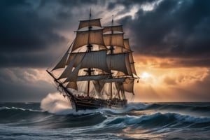 High quality picture, picture perfect, 8k, perfect details, an old sailing ship in the middle of the ocean on a stormy night with big waves, but the sailing ship is very big and can withstand the big waves, wooden ship، Dream ship, very beautiful ship, fantasy ship، night ، big moon ،the milky way ، Cloud on the half moon،A very amazing and beautiful image،foggy،Ships behind ،Ancient Arabic sailing ships