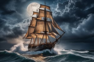 High quality picture, picture perfect, 8k, perfect details, an old sailing ship in the middle of the ocean on a stormy night with big waves, but the sailing ship is very big and can withstand the big waves, wooden ship، Dream ship, very beautiful ship, fantasy ship، night ، big moon ،the milky way ، Cloud on the half moon،A very amazing and beautiful image