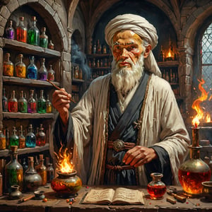 Realistic, award-winning, ultra-realistic, 8k, a 90-year-old traditional healer (((Sage))) making potions in his study. He has completely white hair, has a face similar to the great Islamic scholars like Ibn Sina, wears a turban, and wears a black and gray medieval dress with a high collar. that lights up an old castle room in Syria, (several brightly colored potion ampoules) on the shelves and a that lights the room with a living flame. Masterpiece, Super Detailed, Dynamic Poses, Fascinating, Amazing, Awesome, Detailed Face, Celestial, Very Beautiful, Digital Painting, Art Enhancer-Look below
