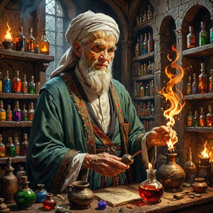 Realistic, award-winning, ultra-realistic, 8k, a 90-year-old traditional healer (((Sage))) making potions in his study. He has completely white hair, has a face similar to the great Islamic scholars like Ibn Sina, wears a turban, and wears a black and gray medieval dress with a high collar. that lights up an old castle room in Syria, (several brightly colored potion ampoules) on the shelves and a that lights the room with a living flame. Masterpiece, Super Detailed, Dynamic Poses, Fascinating, Amazing, Awesome, Detailed Face, Celestial, Very Beautiful, Digital Painting, Art Enhancer-Look below
