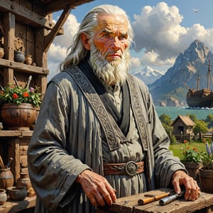 Realistic, award-winning, ultra-realistic, 8k, a strong 90-year-old old man (((Sage))) who is a prophet in building Noah's ark. He has completely white hair, a face similar to the great Islamic scholars like Ibn Sina, and wears a pre-medieval black and gray dress with a high collar. who is building a ship next to a mountain and a garden, (some tools from an old saw and a woodworking table) masterpiece, super detailed, dynamic poses, attractive, amazing, great, detailed face, heavenly, very beautiful, digital painting , art enhancer - see below
