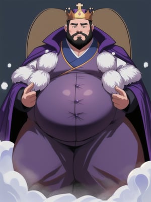 kingdom ruler, king and queen, big_fat_belly_king, royal_king_suit, royal_queen_suit, hyper_fat, big_belly, royal_kingdom_suit, debonair, massive_belly, gigantic _belly, huge_royal_coat_with_shoulder_pad, dark_purple_royal_coat, purple_royal_dress, half_long_white_hair, big_beard, big_belly_padding, royal, pregnant_belly, big_bloated_belly, king size belly, king, asian king, queen, asian queen