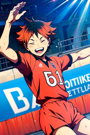 high quality, art, clean stroke, masterpiece, highly detailed, ( American shot ), 1 boy, solo, Hinata of Haikyuu, celebration of point won, ( eyes closed, sweaty, happy, jumping ), detailed background ( volleyball court )