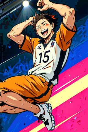high quality, art, clean stroke, masterpiece, highly detailed, ( American plane ), alone, celebration, ( eyes closed, sweaty, happy, jumping ),black and orange volleyball uniform,  with number 10, detailed background ( volleyball court)