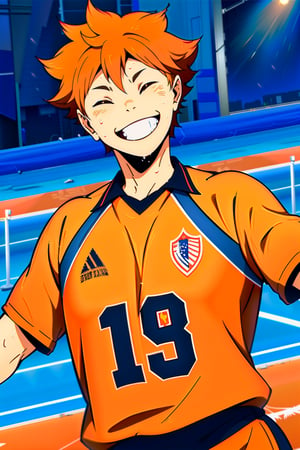 high quality, art, clean stroke, masterpiece, highly detailed, ( American plane ), 1 boy, solo, Hinata of Haikyuu, point celebration won, ( eyes closed, sweaty, happy, jumping ),black and orange volleyball uniform, orange hair color, detailed background ( volleyball court).