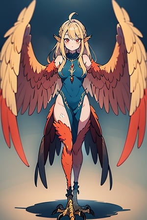 masterpiece, best quality, harpy, standing, Double slitted tapered tunic, long hair, no hands,light blonde hair, harpy wings, bird legs, bird hands, wings for arms, bird tail, harpy woman, bird woman, red eyes, orange feathers, spread wings.
