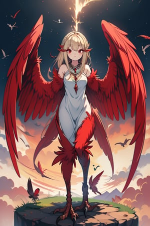 masterpiece, best quality, harpy, standing, Double slitted tapered tunic, long hair, no hands,light blonde hair, harpy wings, bird legs, bird hands, wings for arms, bird tail, harpy woman, bird woman, red eyes, red feathers, spread wings.
