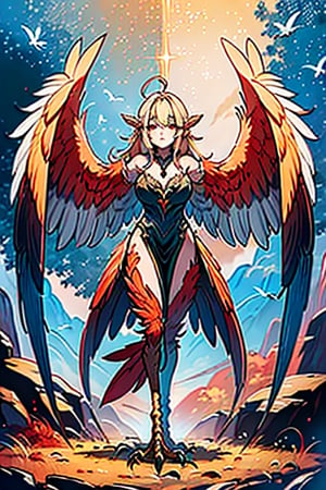 masterpiece, best quality, harpy, standing, Double slitted tapered tunic, long hair, no hands,light blonde hair, harpy wings, bird legs, bird hands, wings for arms, bird tail, harpy woman, bird woman, red eyes, orange feathers, spread wings.
