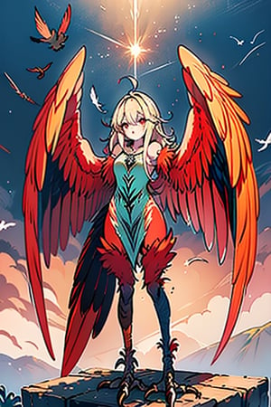 masterpiece, best quality, harpy, standing, Double slitted tapered tunic, long hair, no hands,light blonde hair, harpy wings, bird legs, bird hands, wings for arms, bird tail, harpy woman, bird woman, red eyes, orange feathers, spread wings.
