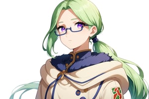 , score_9, score_8_up, score_7_up, slimes_letoile, woman,, glasses, purple eyes, green hair girl, long hair, low ponytail, 1girl, ((bangs parted from center,  parted_bangs)),  ,
 
, COWBOY SHOT,







 ,(( white background, blank background))