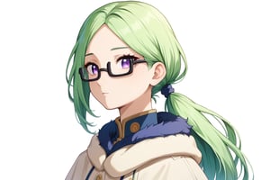 , score_9, score_8_up, score_7_up, slimes_letoile, woman,, glasses, purple eyes, green hair girl, long hair, low ponytail, 1girl, ((bangs parted from center,  parted_bangs)),  ,
 







 ,(( white background, blank background))