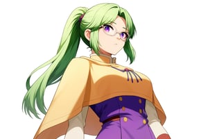 , score_9, score_8_up, score_7_up, slimes_letoile, woman,, glasses, purple eyes, green hair girl, long hair, low ponytail, 1girl, ((bangs parted from center,  parted_bangs)),  ,
 
, COWBOY SHOT,


,Letoile is a bespectacled young woman of below average height with purple eyes and long, green hair tied in a ponytail. She is usually seen wearing the Golden Dawn's squad robes., 




 ,(( white background, blank background))