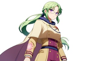 , score_9, score_8_up, score_7_up, slimes_letoile, woman,, glasses, purple eyes, green hair girl, long hair, low ponytail, 1girl, ((bangs parted from center,  parted_bangs)),  ,
 
, COWBOY SHOT,


,Letoile is a bespectacled young woman of below average height with purple eyes and long, green hair tied in a ponytail. She is usually seen wearing the Golden Dawn's squad robes., 




 ,(( white background, blank background))