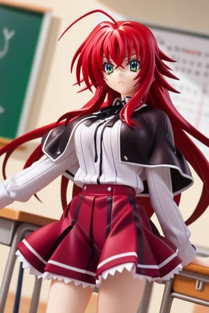 score_9, score_8_up, score_7_up, source_anime,riasgremory, ,rias gremory, huge ahoge, long hair, hair between eyes, green eyes, red hair,shirt, ribbon, school uniform, white shirt, black ribbon, neck ribbon, capelet, black capelet, long sleeves, skirt, red skirt,indoors, classroom,looking at viewer, dutch angle, cowboy shot,RIAS GREMORY