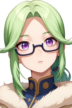 , score_9, score_8_up, score_7_up, slimes_letoile, woman,, glasses, purple eyes, green hair girl, long hair, low ponytail, 1girl, ((bangs parted from center,  parted_bangs)),  ,
 







 ,(( white background, blank background))