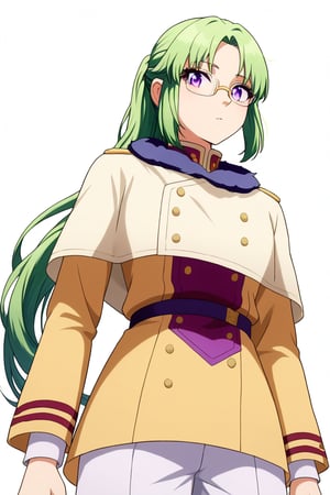 , score_9, score_8_up, score_7_up, slimes_letoile, woman,, glasses, purple eyes, green hair girl, long hair, low ponytail, 1girl, ((bangs parted from center,  parted_bangs)),  ,
 
, COWBOY SHOT,


,Letoile is a bespectacled young woman of below average height with purple eyes and long, green hair tied in a ponytail. She is usually seen wearing the Golden Dawn's squad robes., 




 ,(( white background, blank background))