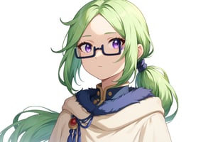 , score_9, score_8_up, score_7_up, slimes_letoile, woman,, glasses, purple eyes, green hair girl, long hair, low ponytail, 1girl, ((bangs parted from center,  parted_bangs)),  ,
 
, COWBOY SHOT,







 ,(( white background, blank background))