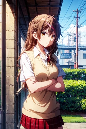 1girl, solo, shinka nibutani, flowing hair ,medium breasts, icho private high school uniform, short sleeves shirt,  sweater vest, red plaid skirt , nijistyle, masterpiece, :s, looking at viewer, contrapposto, half side-view, crossed arms outdoor, clear sky,