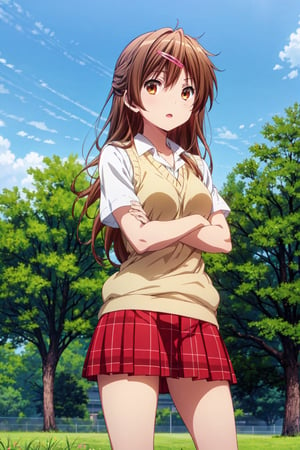 1girl, solo, shinka nibutani, flowing hair ,medium breasts, icho private high school uniform, short sleeves shirt,  sweater vest, red plaid skirt , nijistyle, masterpiece, :s, looking at viewer, contrapposto, half side-view, crossed arms outdoor, clear sky,