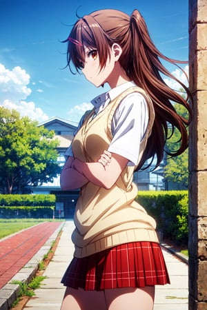 1girl, solo, shinka nibutani, flowing hair ,medium breasts, icho private high school uniform, short sleeves shirt,  sweater vest, red plaid skirt , nijistyle, masterpiece, :s, looking at viewer, contrapposto, half side-view, crossed arms outdoor, clear sky,