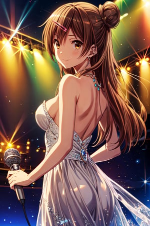 1girl, solo, brown eyes, shinka nibutani, single hair bun, flowing long hair, extremely detailed and delicate anime face and eyes,  {detailed clothing}, {Bright Eyes}, {accessories}, Better Hands, nijistyle, Masterpiece,  medium breasts, blue colors lace layered strapless  evening gown, Off the shoulders, Half exposed breasts, necklace ,  Idol,  Look back to the left or look back to the right, beautiful back, looking at viewer,  stage,  holding microphone, smile, singing performance, glitter,1 girl,shinka nibutani,aashinka