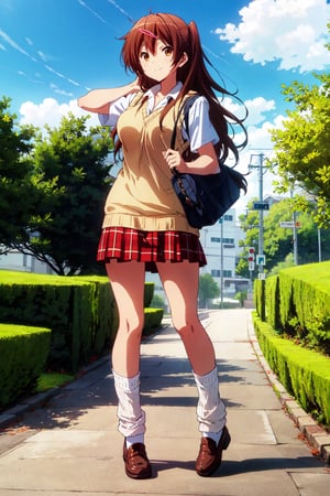 1girl, solo, shinka nibutani, hair flip, flowing hair ,medium breasts, icho private high school uniform, short sleeves shirt,  sweater vest, red plaid skirt , nijistyle, masterpiece, smile, looking at viewer, contrapposto, half side-view, full body view, outdoor, clear sky, loose_socks, loafers, bag,