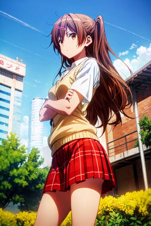 1girl, solo, shinka nibutani, flowing hair ,medium breasts, icho private high school uniform, short sleeves shirt,  sweater vest, red plaid skirt , nijistyle, masterpiece, :s, looking at viewer, contrapposto, half side-view, crossed arms outdoor, clear sky,