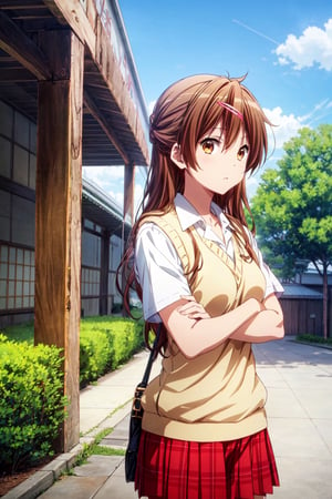 1girl, solo, shinka nibutani, flowing hair ,medium breasts, icho private high school uniform, short sleeves shirt,  sweater vest, red plaid skirt , nijistyle, masterpiece, :s, looking at viewer, contrapposto, half side-view, crossed arms outdoor, clear sky,