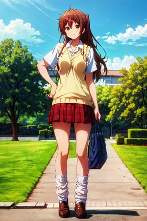 1girl, solo, shinka nibutani, hair flip, flowing hair ,medium breasts, icho private high school uniform, short sleeves shirt,  sweater vest, red plaid skirt , nijistyle, masterpiece, smile, looking at viewer, contrapposto, half side-view, full body view, outdoor, clear sky, loose_socks, loafers, bag,