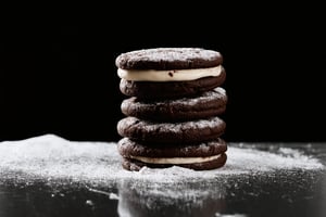 The image showcases a stack of chocolate sandwich cookies, commonly known as Oreos. The cookies are arranged in a vertical column, with each layer consisting of a dark chocolate cookie and a creamy white filling. The cookies have a textured surface with a series of ridges, which is characteristic of the Oreo design. The filling appears to be smooth and creamy, with a light dusting of cocoa or powdered sugar on top, adding a touch of contrast to the dark chocolate. The stack is set against a dark, possibly black, background which accentuates the rich colors of the cookies. The lighting is soft and focused on the cookies, creating a moody and appetizing atmosphere. The reflection on the surface beneath the stack suggests a glossy or polished surface, possibly a countertop or a marble slab.