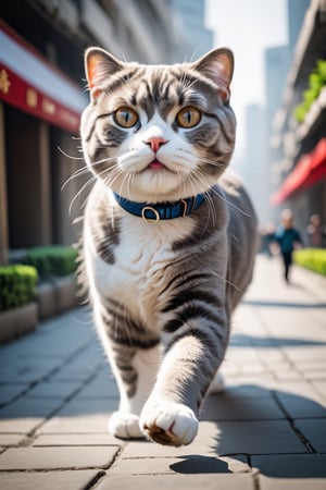 Scottish fold cats running around the streets of Shanghai, China every year, laughing, sunny, captured with Sony A7S III high resolution digital camera, global illumination