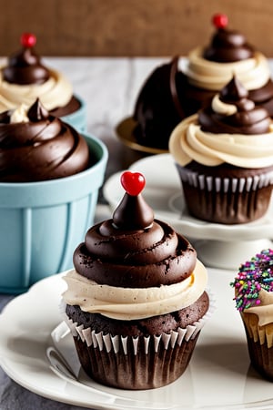 there are three cupcakes with chocolate frosting and a chocolate cone, yummy, recipe