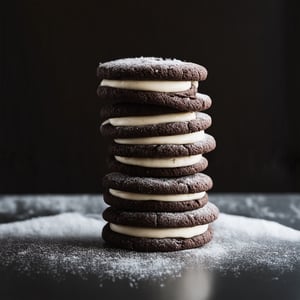 The image showcases a stack of chocolate sandwich cookies, commonly known as Oreos. The cookies are arranged in a vertical column, with each layer consisting of a dark chocolate cookie and a creamy white filling. The cookies have a textured surface with a series of ridges, which is characteristic of the Oreo design. The filling appears to be smooth and creamy, with a light dusting of cocoa or powdered sugar on top, adding a touch of contrast to the dark chocolate. The stack is set against a dark, possibly black, background which accentuates the rich colors of the cookies. The lighting is soft and focused on the cookies, creating a moody and appetizing atmosphere. The reflection on the surface beneath the stack suggests a glossy or polished surface, possibly a countertop or a marble slab.