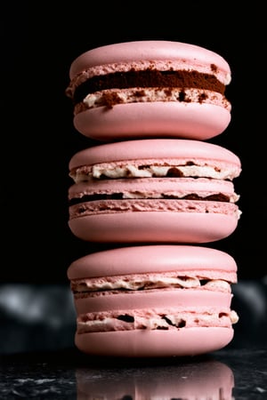 The image showcases a stack of pink macaron,The macaron are arranged in a vertical column, The macaron have a textured surface with a series of ridges with a light dusting of cocoa or powdered sugar on top. The stack is set against a dark, possibly black, background which accentuates the rich colors of the macaron. The lighting is soft and focused on the macaron, creating a moody and appetizing atmosphere. The reflection on the surface beneath the stack suggests a glossy or polished surface, possibly a countertop or a marble slab.