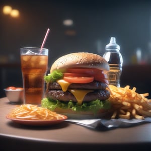 Food, juicy hamburger, on the table, looking good, soda drink and snaks next to it, 