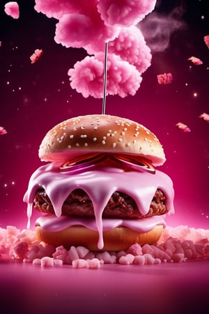 cinematic photo delicious hamburger made of fairy floss, floating in the air, cinematic, spaced out, food profesional photography, studio lighting, studio bacground, advertising photography, intricate détails, hyper-detailed, ultra realistic, 8K UHD . 35mm photograph, film, bokeh, professional, 4k, highly detailed