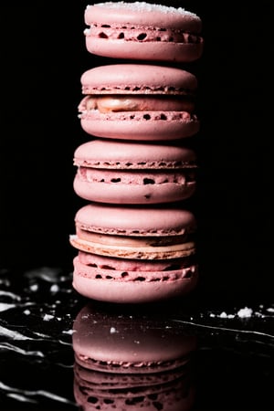 The image showcases a stack of pink macaron,The macaron are arranged in a vertical column, The macaron have a textured surface with a series of ridges with a light dusting of powdered sugar on top. The stack is set against a dark, possibly black, background which accentuates the rich colors of the macaron. The lighting is soft and focused on the macaron, creating a moody and appetizing atmosphere. The reflection on the surface beneath the stack suggests a glossy or polished surface, possibly a countertop or a marble slab.