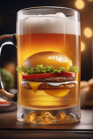 Hamburger with egg,Cold beer in glass mug, macro photography, close-up, hyper detailed, trending on artstation, sharp focus, studio photo, intricate details, highly detailed,