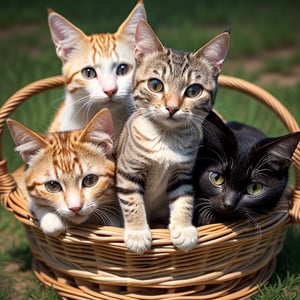 3 cats ,open eyes, in a basket