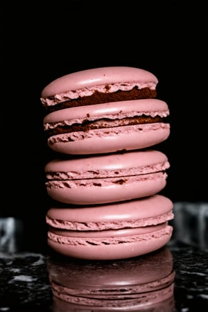 The image showcases a stack of pink macaron,The macaron are arranged in a vertical column, The macaron have a textured surface with a series of ridges with a light dusting of cocoa or powdered sugar on top. The stack is set against a dark, possibly black, background which accentuates the rich colors of the macaron. The lighting is soft and focused on the macaron, creating a moody and appetizing atmosphere. The reflection on the surface beneath the stack suggests a glossy or polished surface, possibly a countertop or a marble slab.