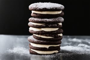 The image showcases a stack of chocolate sandwich cookies, commonly known as Oreos. The cookies are arranged in a vertical column, with each layer consisting of a dark chocolate cookie and a creamy white filling. The cookies have a textured surface with a series of ridges, which is characteristic of the Oreo design. The filling appears to be smooth and creamy, with a light dusting of cocoa or powdered sugar on top, adding a touch of contrast to the dark chocolate. The stack is set against a dark, possibly black, background which accentuates the rich colors of the cookies. The lighting is soft and focused on the cookies, creating a moody and appetizing atmosphere. The reflection on the surface beneath the stack suggests a glossy or polished surface, possibly a countertop or a marble slab.