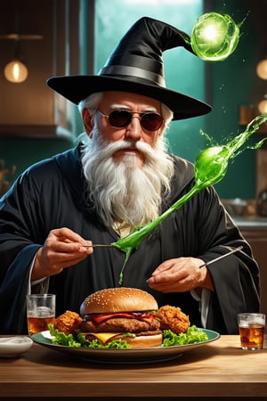 old man\(wearing wizard robe, long white beard, wizard hat, wearing sun glasses, side view), releasing magical green energy, (salad, fried chicken, burger meat and soda with ice are flying in the air), background(fast food restaurant kitchen indoor, fast food employees shoked), (masterpiece, highres, high quality:1.2), ambient occlusion, low saturation, High detailed, Detailedface, (shot from distance), intricate details, dreamlike, concept art, illustration, highly detailed, splash art, artbook, beautiful image, fantasy, realistic