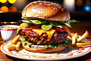 One burger complete with toppings, on a white plate, wooden table, there is a soda drink beside it, Being at a fast food place, blurry effect, The glowing light, 