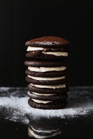 The image showcases a stack of chocolate sandwich cookies, commonly known as Oreos. The cookies are arranged in a vertical column, with each layer consisting of a dark chocolate cookie and a creamy white filling. The cookies have a textured surface with a series of ridges, which is characteristic of the Oreo design. The filling appears to be smooth and creamy, with a light dusting of cocoa or powdered sugar on top, adding a touch of contrast to the dark chocolate. The stack is set against a dark, possibly black, background which accentuates the rich colors of the cookies. The lighting is soft and focused on the cookies, creating a moody and appetizing atmosphere. The reflection on the surface beneath the stack suggests a glossy or polished surface, possibly a countertop or a marble slab.