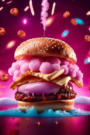 cinematic photo delicious hamburger made of fairy floss, floating in the air, cinematic, spaced out, food profesional photography, studio lighting, studio bacground, advertising photography, intricate détails, hyper-detailed, ultra realistic, 8K UHD . 35mm photograph, film, bokeh, professional, 4k, highly detailed