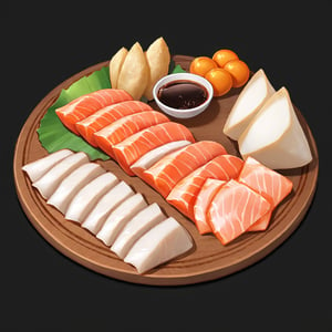 food_focus, no humans, game icon, black background, simple background, sashimi platter.The sashimi includes salmon with its signature orange hue, glistening white tuna, and bright red tuna pieces, all laid out on a traditional wooden serving board. Accompanying the sashimi are small mounds of wasabi and pickled ginger, along with a shallow dish of soy sauce. 
